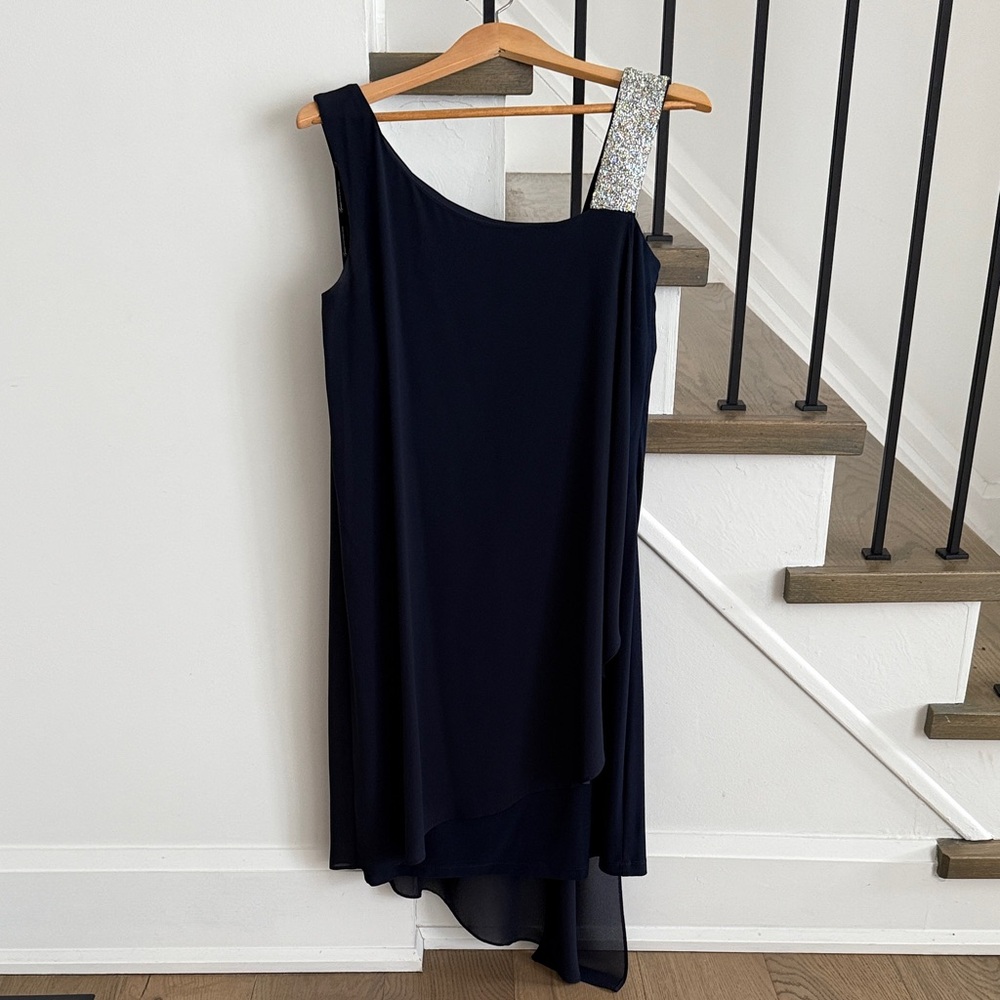 Frank Lyman Design Navy Asymmetrical Dress with Silver Accent